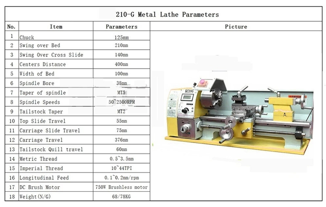  KC210G 8x16 torno com caixa de engrenagens de rosqueamento reverso, motor sem escova de 750w de alta qualidade com função de feed automática postiva e reversa mini -torno de torno de metal
